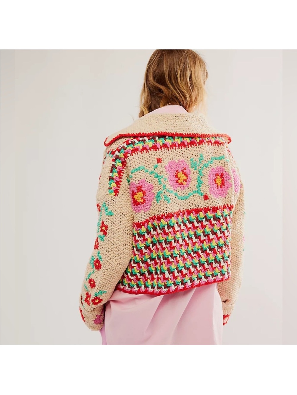 Free People Cream Crochet Floral Cardigan with Red, Pink & Teal Accents - Picture 11 of 11